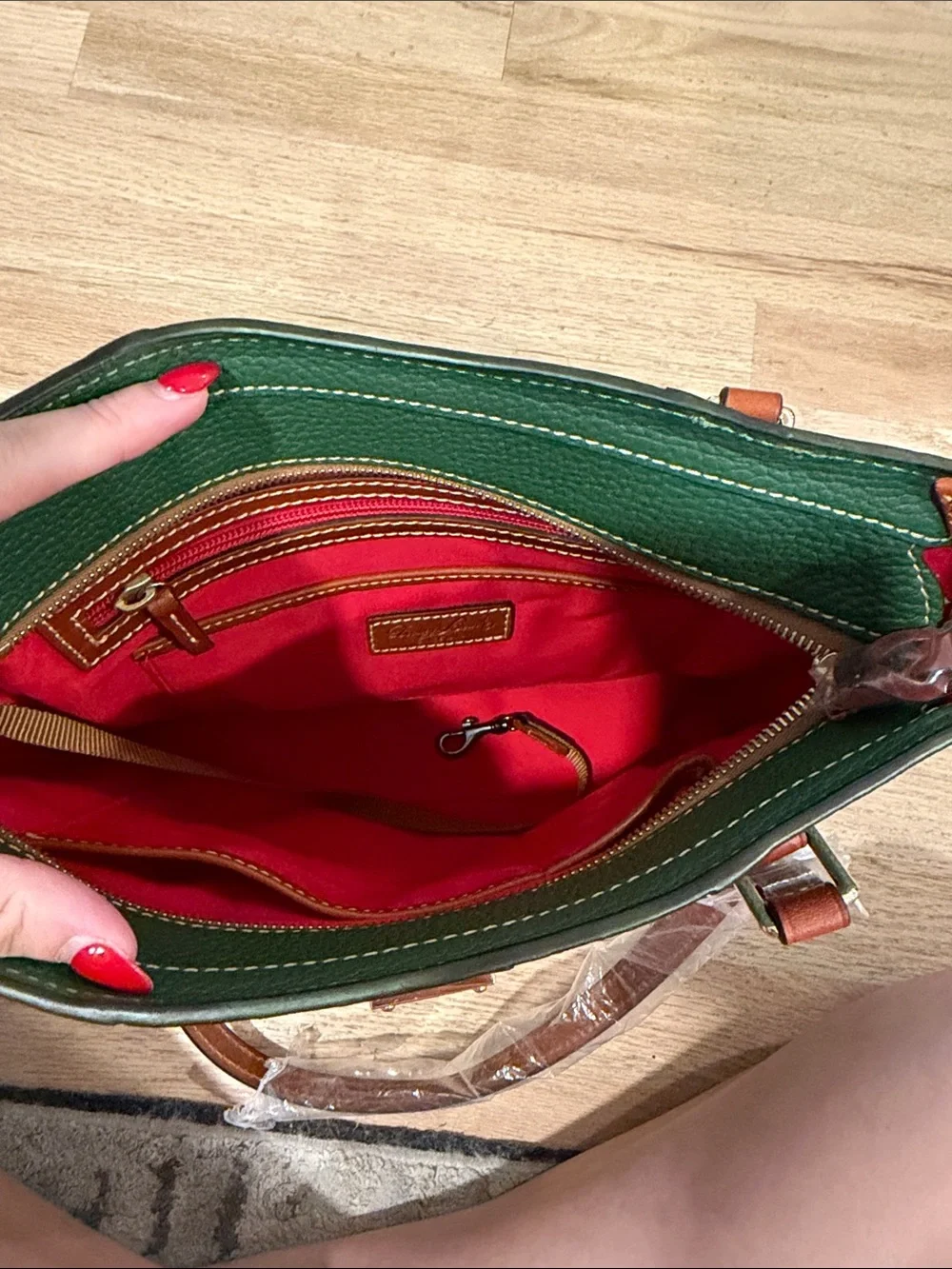 Dooney & Bourke Green Pebbled Leather Tote with Brown Straps